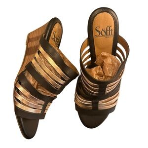 Sofft Leather Slip On Wedge Heels Party Shoes Black / Gold Women’s Size 6.5M